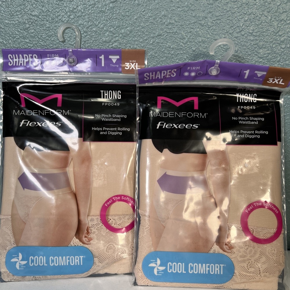 2pr- Maidenform Shapes Plus‎ 3XL Thong Panties Firm Soft  Cool Comfort - Beige